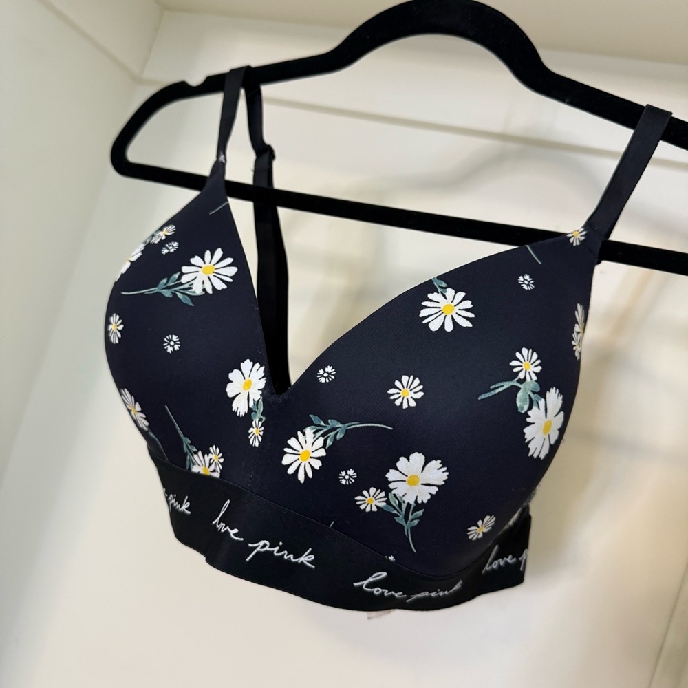 PINK Black with Daisy Print T-Shirt Bra 34DD